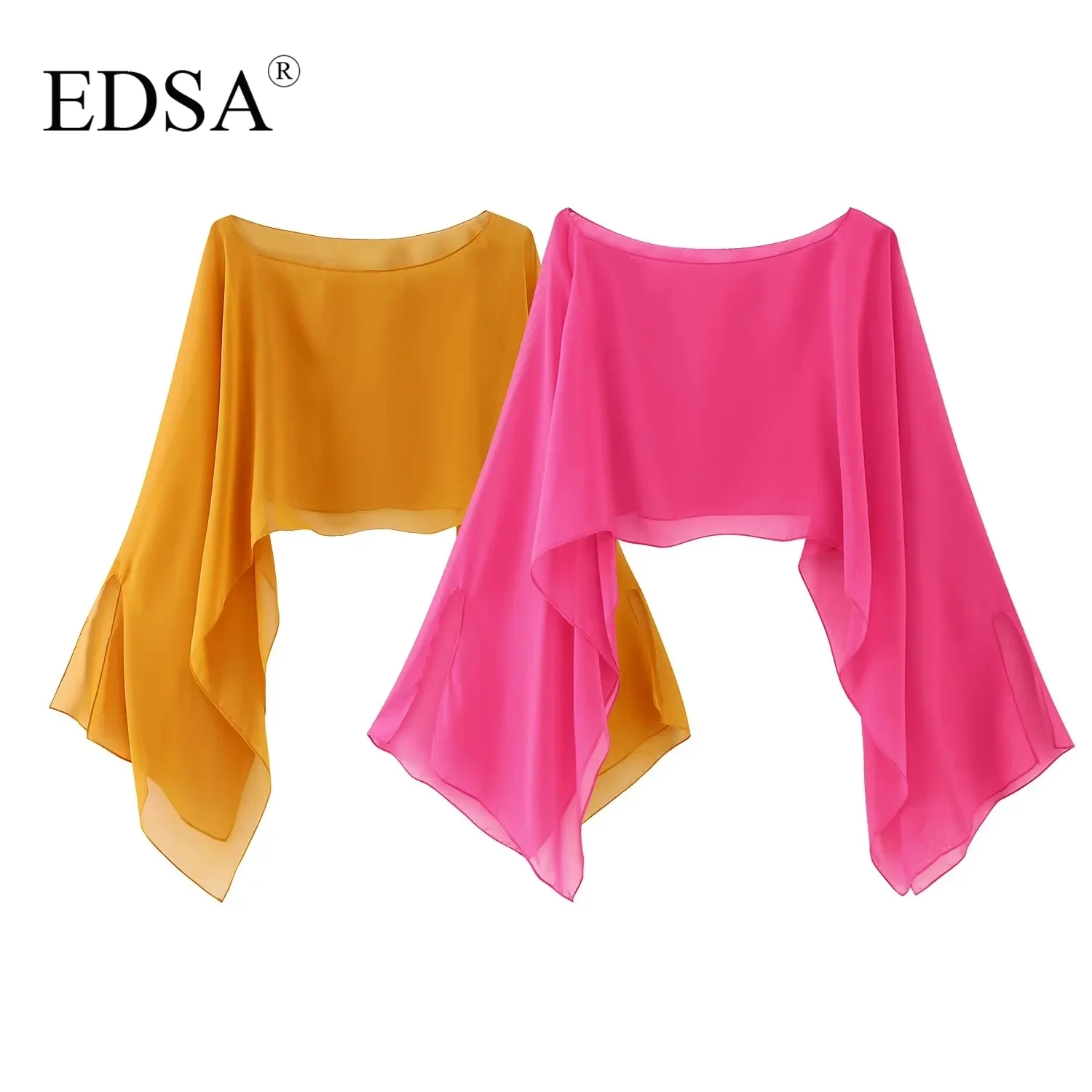 

EDSA Women Elegant Chiffon Semi-Sheer Cape 2023 Summer Wide Neckline Asymmetric Long Sleeves Outerwear for Holiday Coat