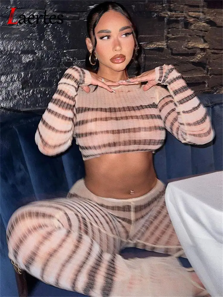 Laertes Fall Mesh Outfits Women Long Sleeve O Neck Crop Top and Skinny Flare Pants 2 Piece Set Stripe Sexy See Through Clothes
Laertes Fall Mesh Outfits Women Long Sleeve O Neck Crop Top and Skinny Flare Pants 2 Piece Set Stripe Sexy See Through Clothes
