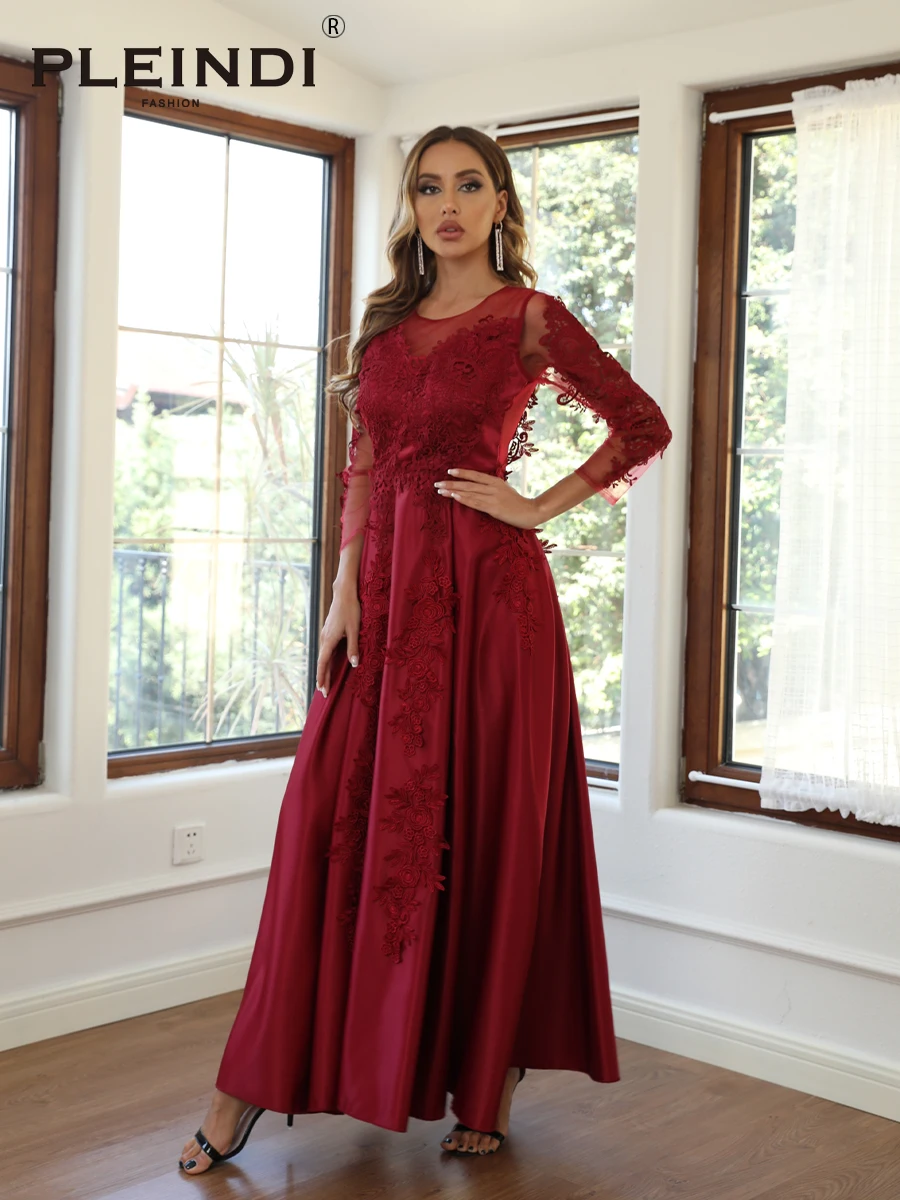 

PLEINDI Vintage Party Women Dress Wedding Long Sleeve O-Neck 2022 New Elegant Lace Corduroy Burgundy Red Prom Evening Dresses