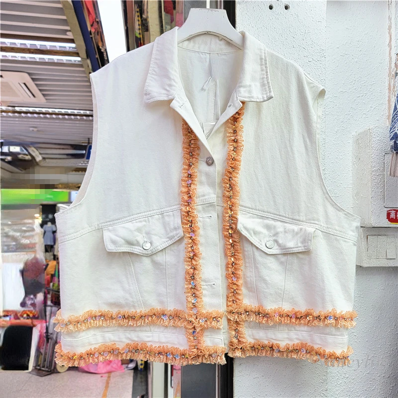 Lace Pleated Stitching Ruffled Diamond Short White Denim Vest Coat Women's 2022 Summer Fashion Brand Top Female Outwears
Lace Pleated Stitching Ruffled Diamond Short White Denim Vest Coat Women's 2022 Summer Fashion Brand Top Female Outwears