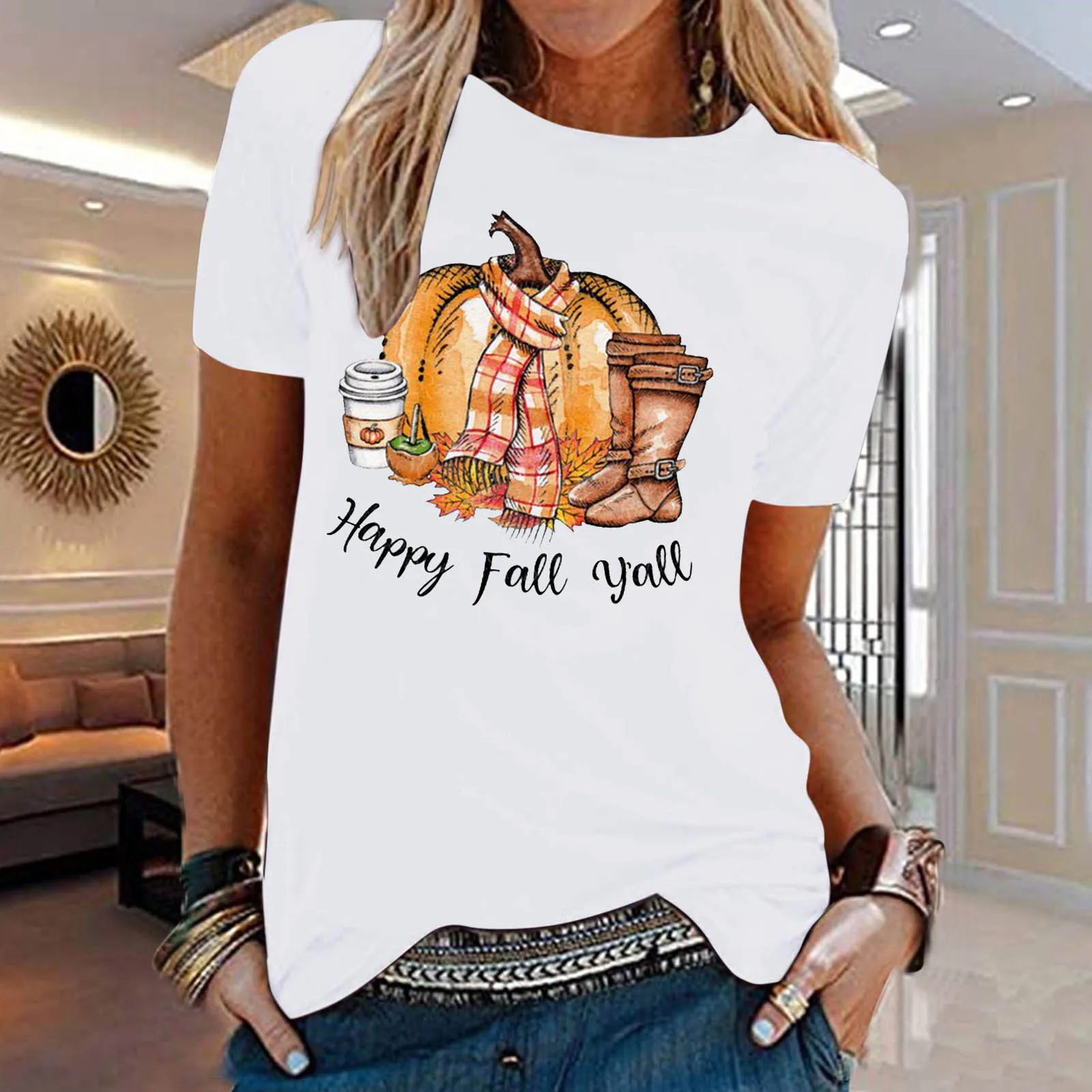 Женская блузка с коротким рукавом, круглым вырезом и принтом 
Женская блузка с коротким рукавом, круглым вырезом и принтом