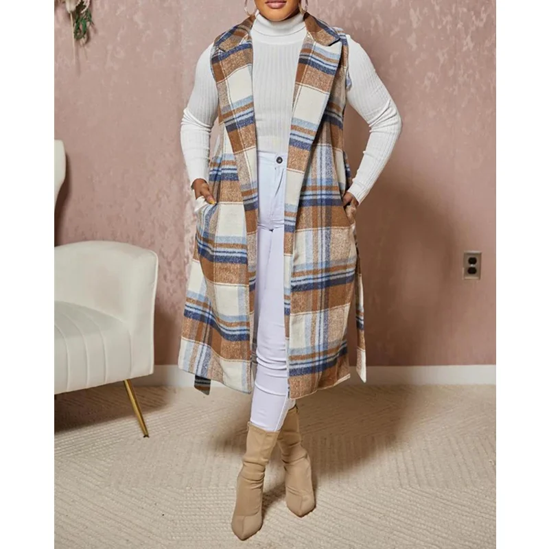 

Plaid Print Belted Longline Vest Coat Women Elegant Autumn Winter Loose Sleeveless Pocket Waistcoat Overcoat