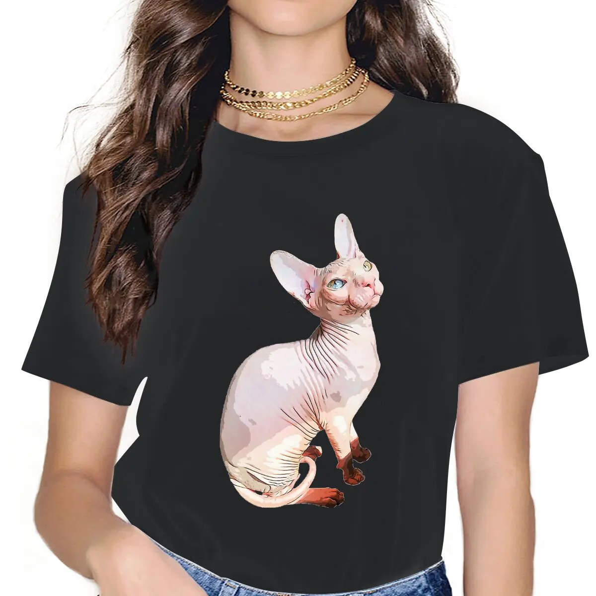 Blue and Green Eye Beauty Female Shirts Canadian Sphynx Cat Loose Vintage Women Clothing Harajuku Casual Feminine Blusas 
Blue and Green Eye Beauty Female Shirts Canadian Sphynx Cat Loose Vintage Women Clothing Harajuku Casual Feminine Blusas