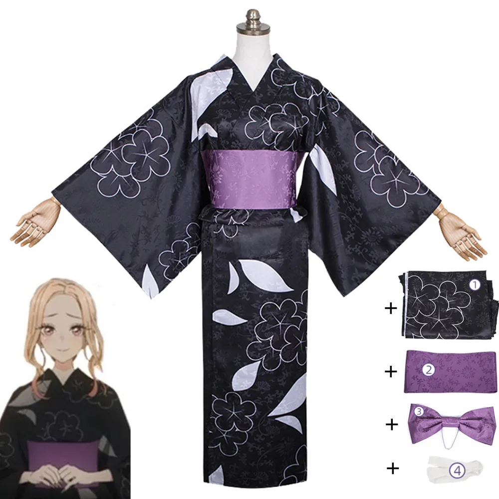 

Anime My Dress-Up Darling Kitagawa Marin Cos Name Cosplay Costume Halloween Woman Summer Festival Japanese Black Kimono Suit