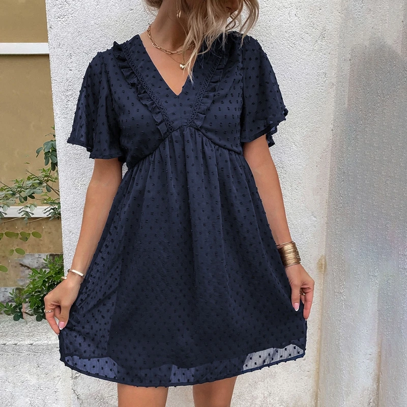 

Women Short Bell Sleeve Ruffles Trim V-Neck Mini Swing Dress Simple Solid Color Swiss Dot A-Line Pleated Flowy Sundress