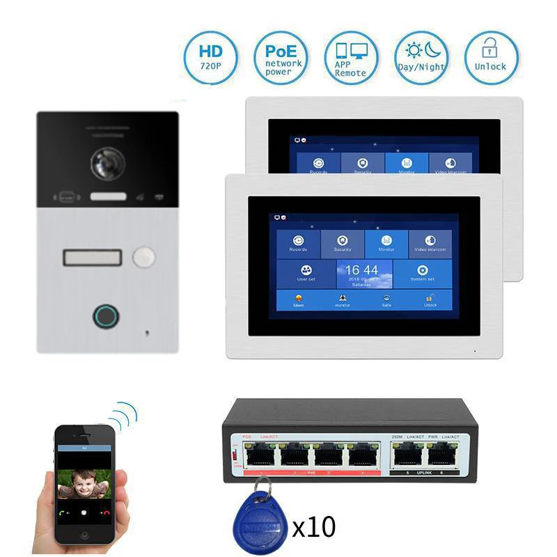 

POE Switch 720P AHD WIFI IP 7" Video Intercom Door Phone Record Kit 2 Touch Screens Phone Remote Monitor Unlock RFID Doorbell