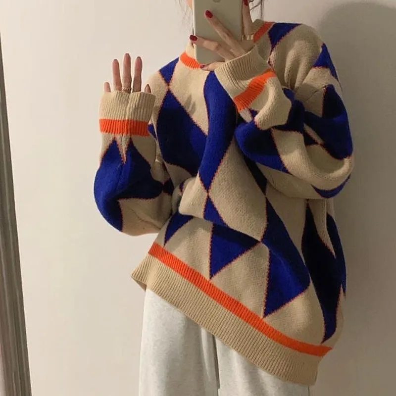 2022 women's winter new pullover round neck sweater y2k loose diamond stitching knitted sweater top to keep warm for outer wear
2022 women's winter new pullover round neck sweater y2k loose diamond stitching knitted sweater top to keep warm for outer wear