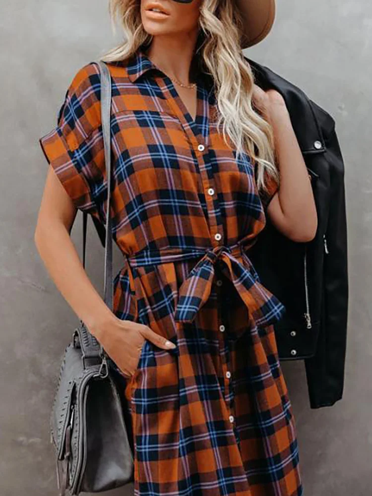 Plaid Print Women Slim Fit Lapel High Waist Dress Short Sleeve Casual Vintage Sashes Dress Female Streetwear Loose Button Dress
Plaid Print Women Slim Fit Lapel High Waist Dress Short Sleeve Casual Vintage Sashes Dress Female Streetwear Loose Button Dress