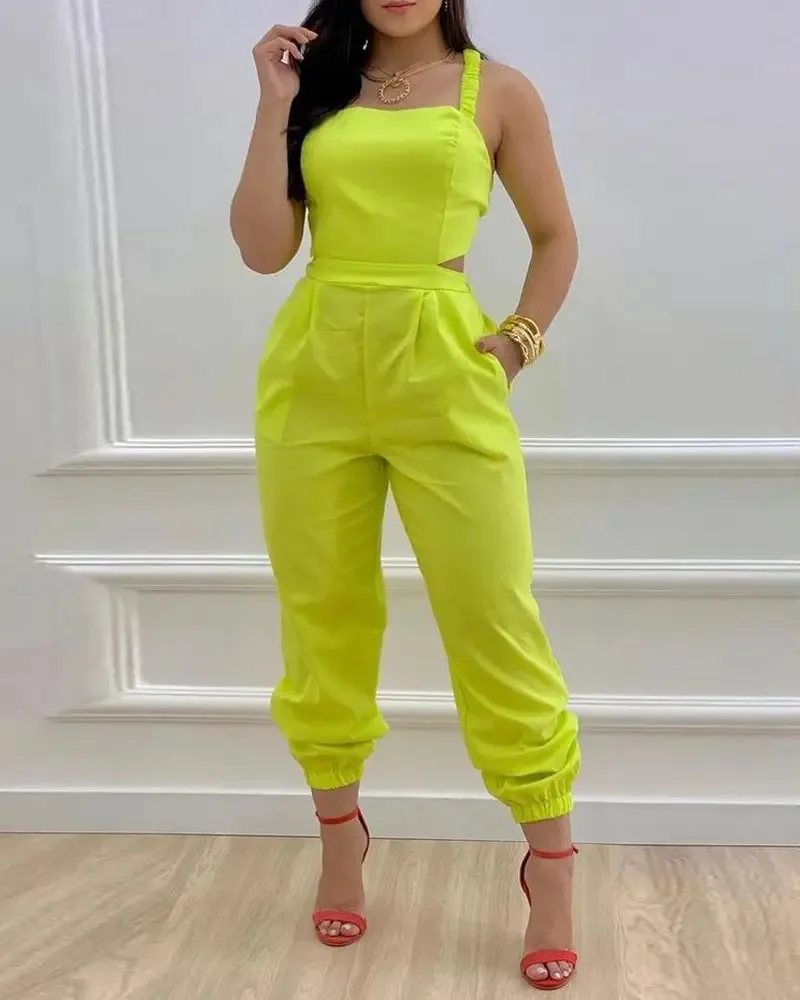 

2022 Summer new Clothes Women Plants Print Criss Cross Tied Detail Backless Sleeveless Jumpsuit One Piece Romper Long Pants