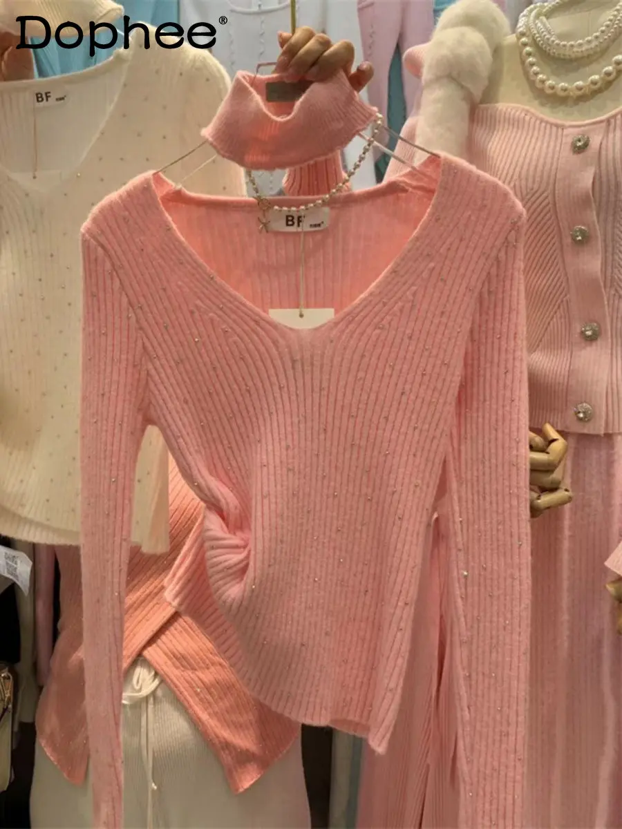 French Temperament V-neck Long Sleeve Bottoming Sweater Women Hot Drilling Sexy Halter Slim Fit Sweet Pink Turtleneck Sweaters
French Temperament V-neck Long Sleeve Bottoming Sweater Women Hot Drilling Sexy Halter Slim Fit Sweet Pink Turtleneck Sweaters