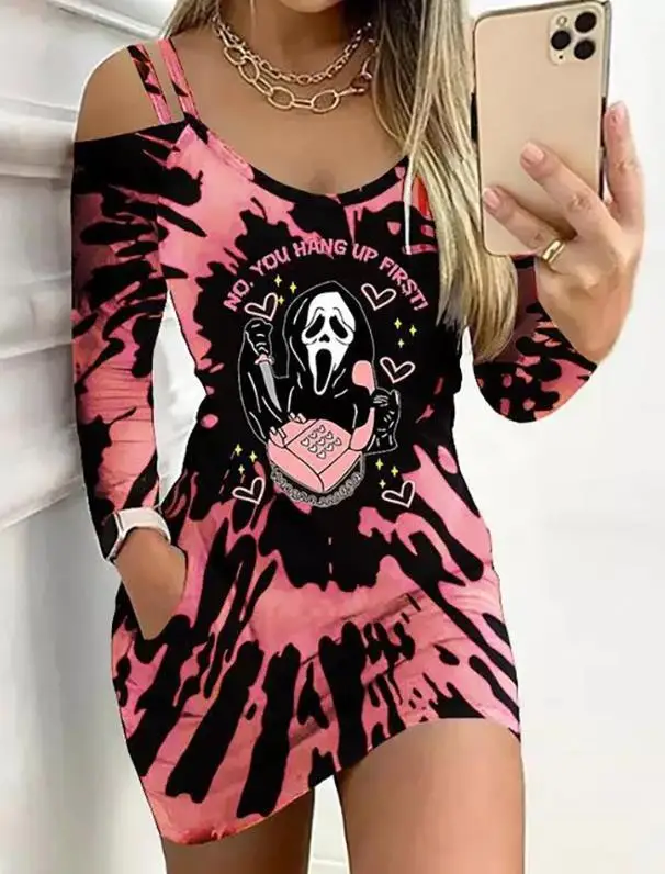 

Fashion Cold Shoulder Top 2023 New Casual Sexy Halloween No You Hang Up First Graphic Print Tie Dye Loose Top