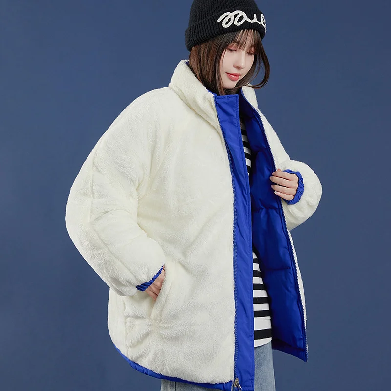 Женское двухстороннее хлопковое пальто с подкладкой из овчины, с воротником-стойкой 
Женское двухстороннее хлопковое пальто с подкладкой из овчины, с воротником-стойкой