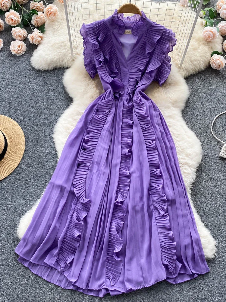 Summer Women Irregular Ruffle Chiffon Long Dress Elegant Stand Collar Sleeveless High Waist A-Line Big Swing Vestidos Female New
Summer Women Irregular Ruffle Chiffon Long Dress Elegant Stand Collar Sleeveless High Waist A-Line Big Swing Vestidos Female New