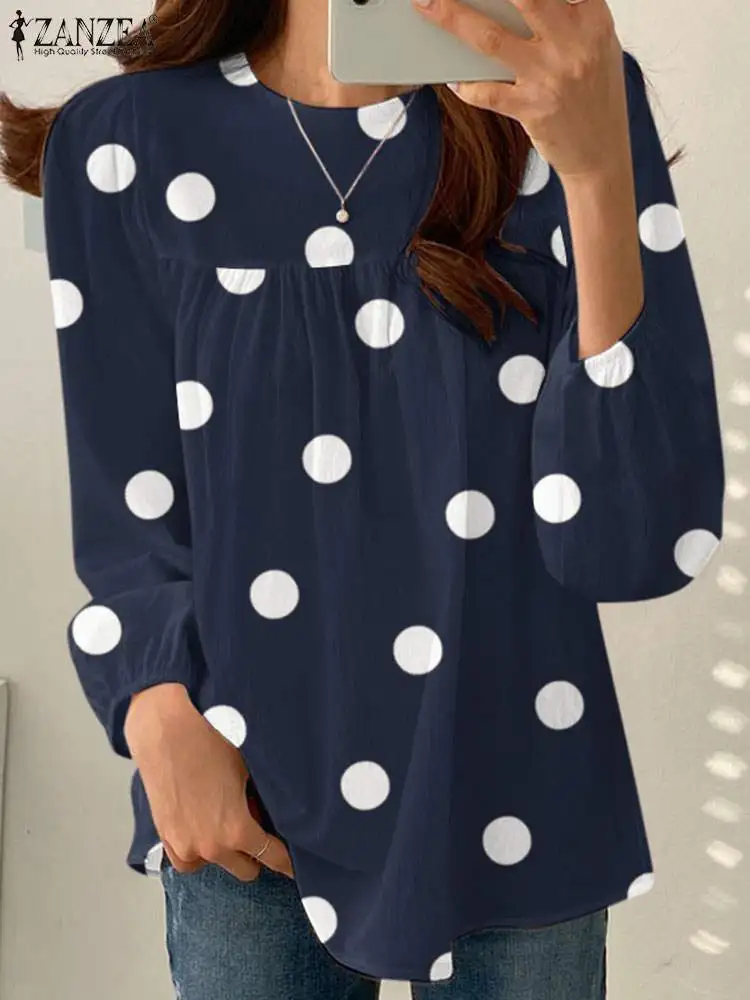 

ZANZEA Bohemian Stylish Puff Sleeve Chemise Polka Dots Printed Blouse Spring Women O-Neck Casual Shirt Holiday Elastic Tops 2023