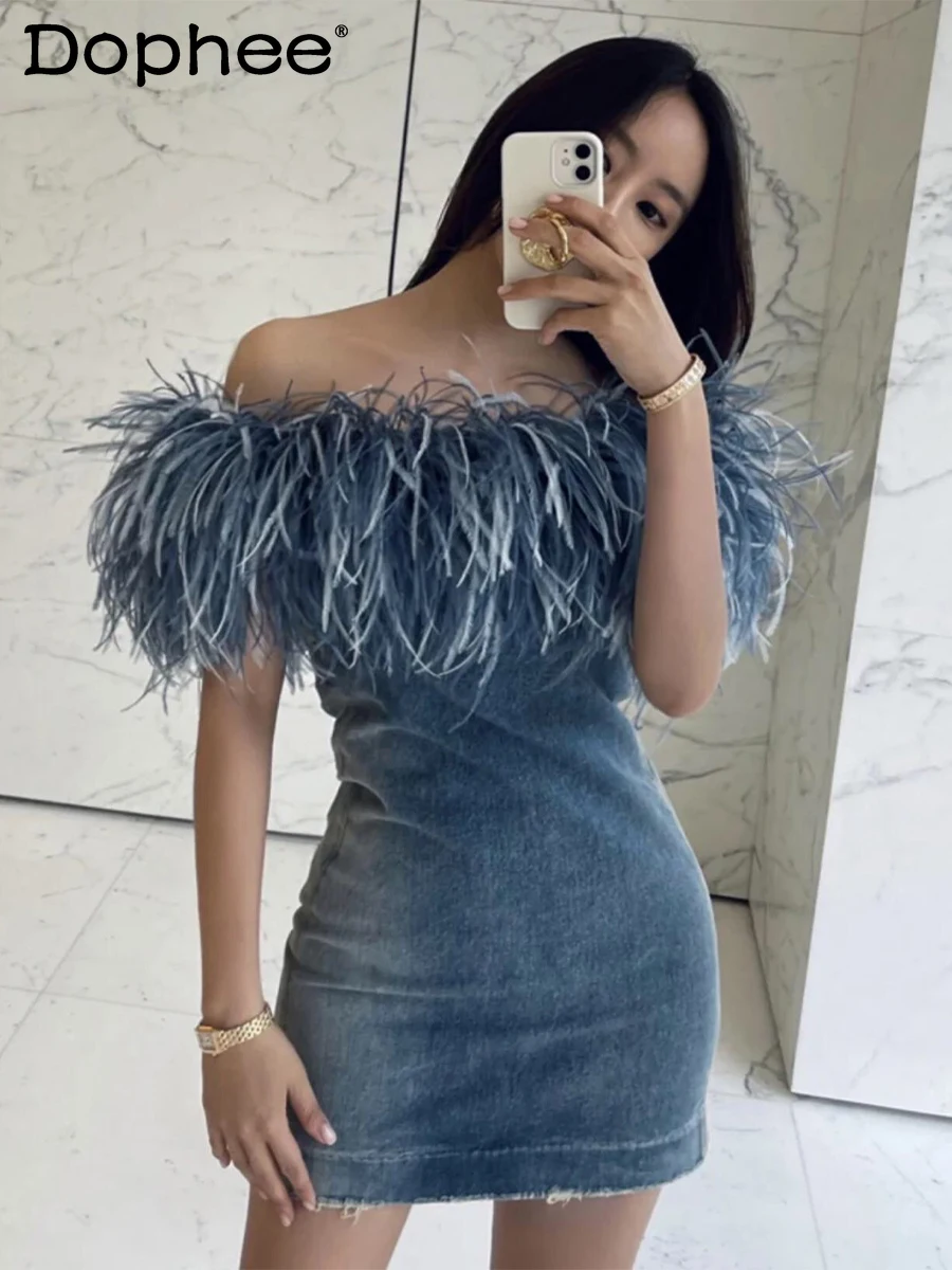 High Quality Heavy Industry Furry Feather Strapless Denim Dress Women Sexy Off-Shoulder Blue Banquet Party Bodycon Short Dress
High Quality Heavy Industry Furry Feather Strapless Denim Dress Women Sexy Off-Shoulder Blue Banquet Party Bodycon Short Dress