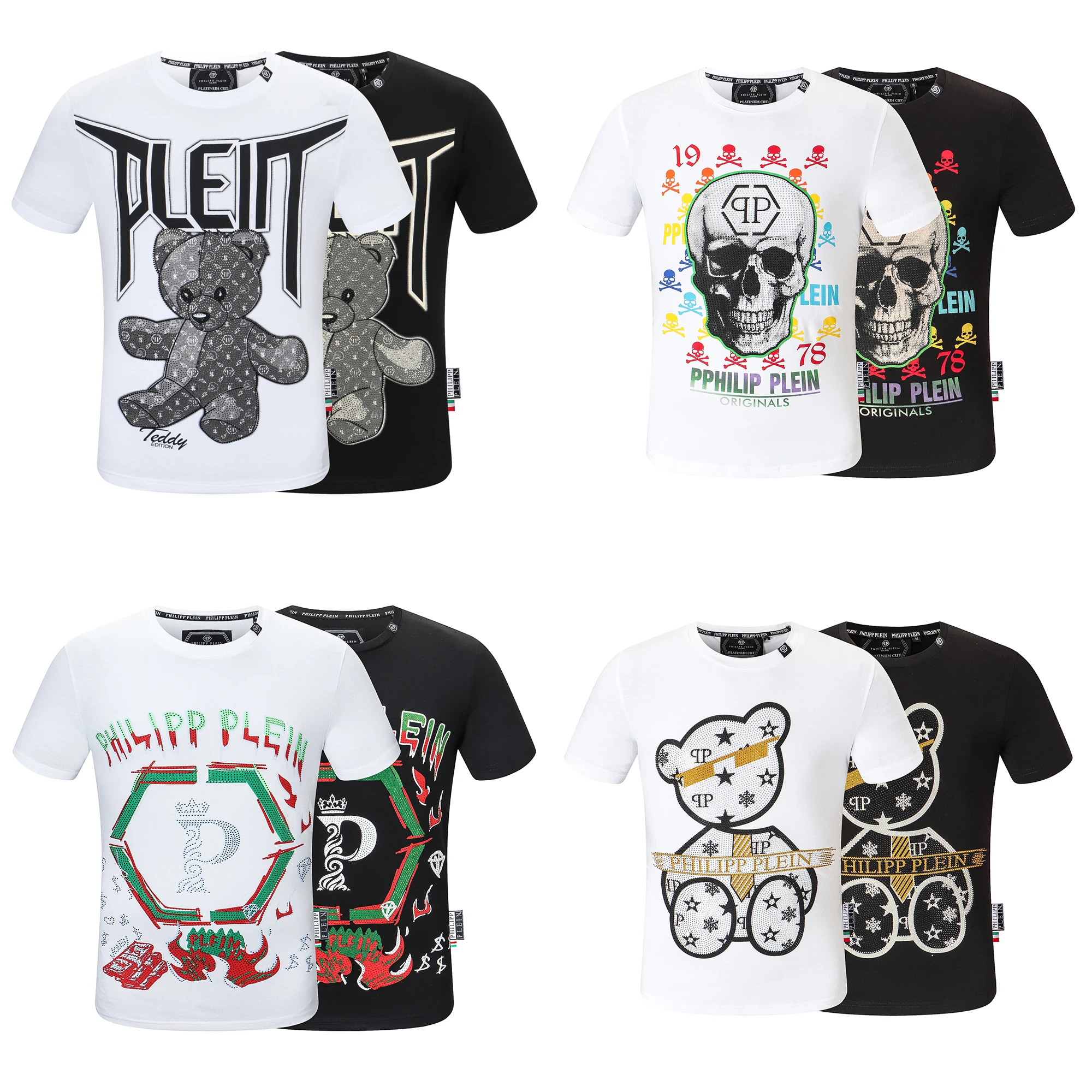 

New More Style QP PHILIPP T-Shirt Skull Diamond Punk Short Sleeve Men Hip Hop Street Gothic Bear Tshirt Plein Stainless Steel