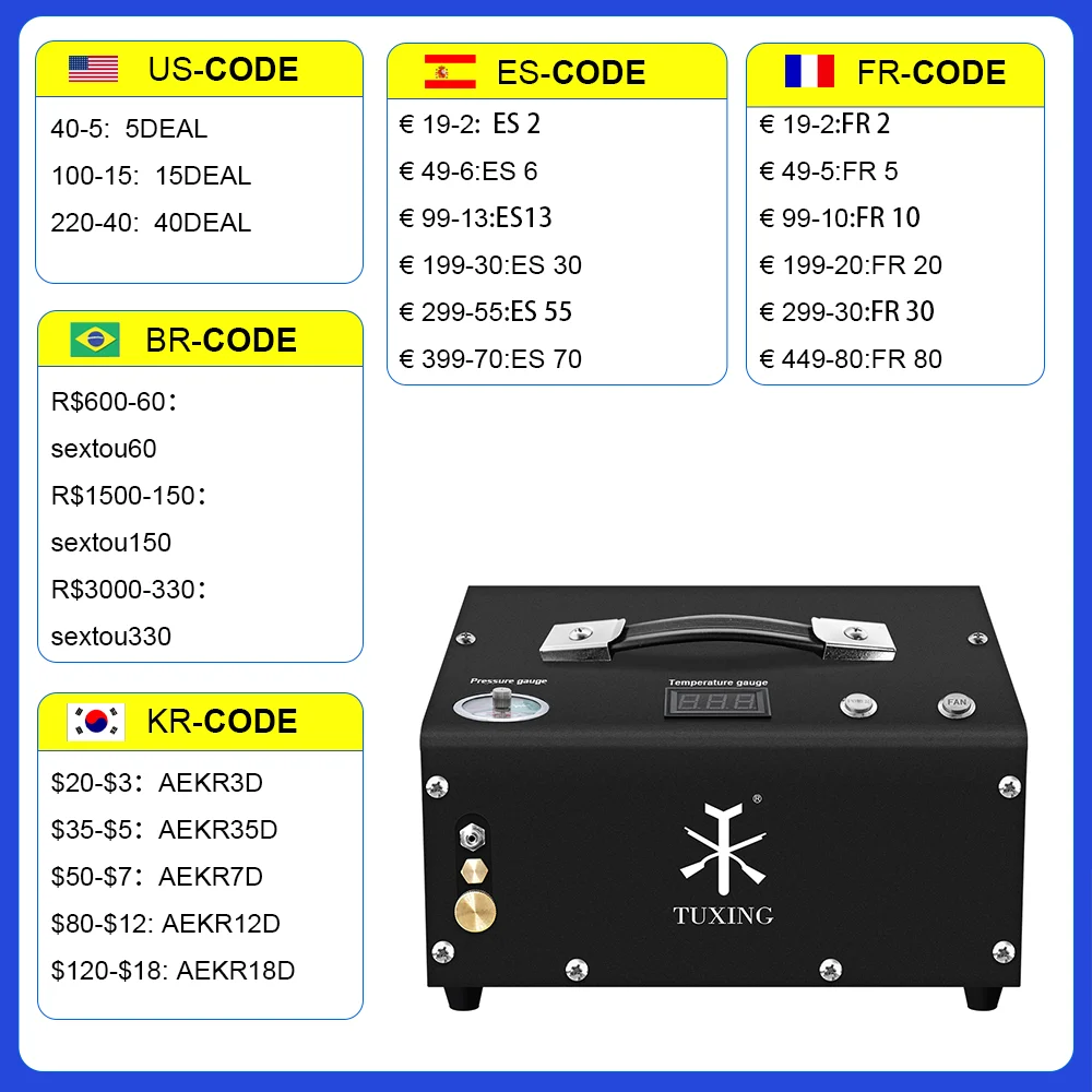 TUXING TXET061 4500Psi 300Bar 12V PCP Air Compressor High Pressure Pump Compressor Transformer Airgun Pneumatic Rifle Inflator
TUXING TXET061 4500Psi 300Bar 12V PCP Air Compressor High Pressure Pump Compressor Transformer Airgun Pneumatic Rifle Inflator