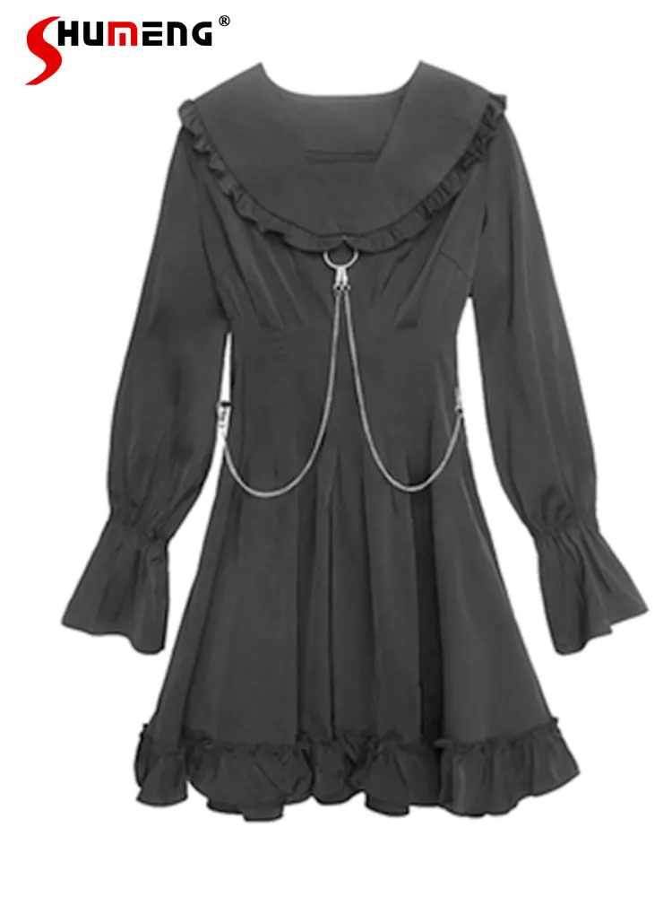Japanese Style Dark Girl Mid-Length Oversized Dress Slimming Long Sleeve Metal Chain Dresses Woman 2022 Spring and Autumn New 
Japanese Style Dark Girl Mid-Length Oversized Dress Slimming Long Sleeve Metal Chain Dresses Woman 2022 Spring and Autumn New