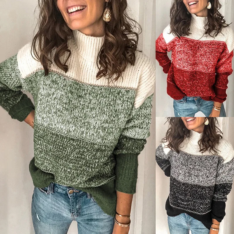 2022 autumn and winter sweater women's casual mixed color top striped stitching high-neck hit women's color knitted sweater
2022 autumn and winter sweater women's casual mixed color top striped stitching high-neck hit women's color knitted sweater