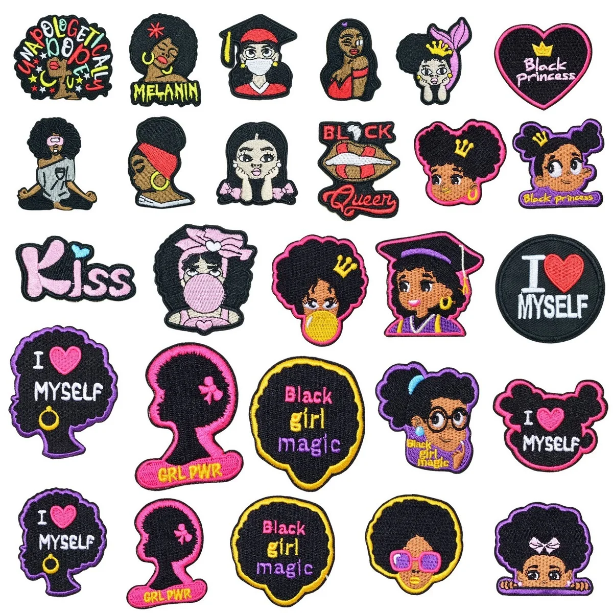 12/24/27Pcs Cartoon Black Girl Magic series applique for Sew on Clothes Pants Ironing Embroidered Patches DIY Coat hat Sticker
12/24/27Pcs Cartoon Black Girl Magic series applique for Sew on Clothes Pants Ironing Embroidered Patches DIY Coat hat Sticker