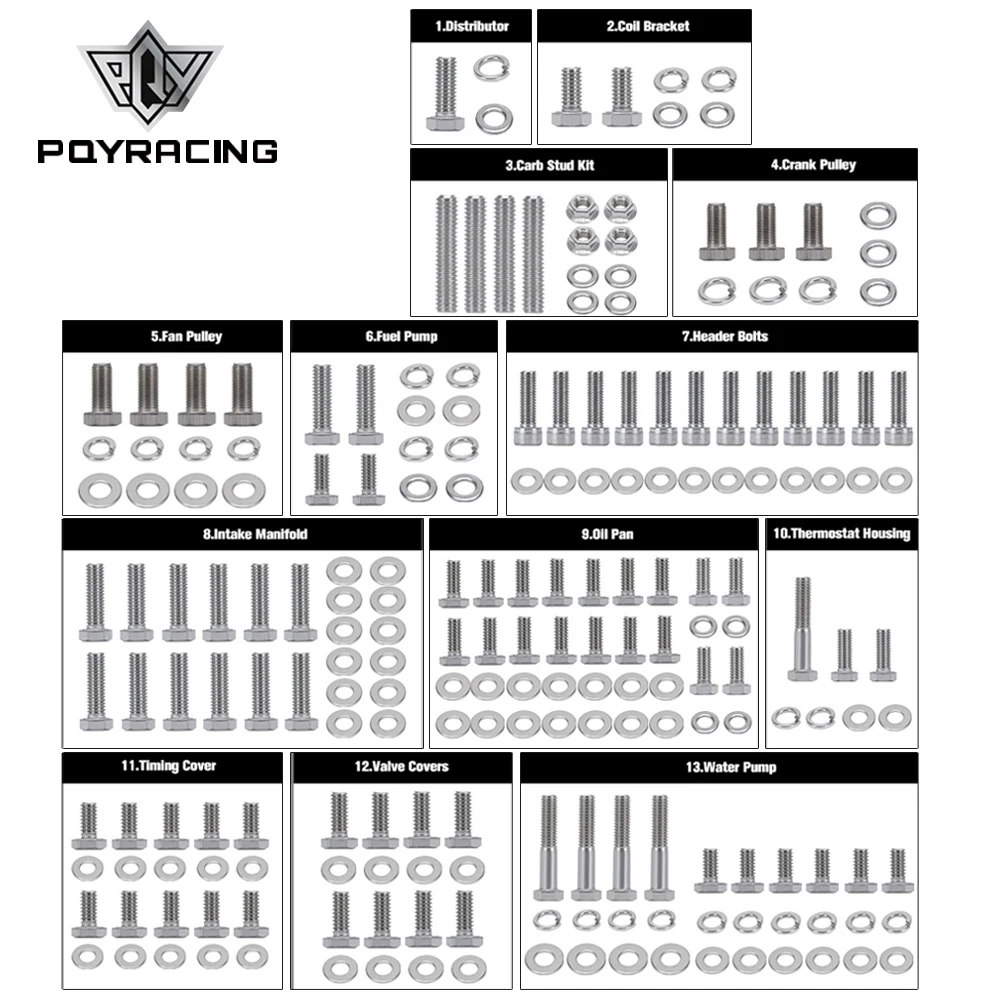 Маленький нержавеющий блок для Chevy SBC 265 283 302 305 307 327 350 400 Комплект шестигранных болтов двигателя 211 шт. гайки и болты PQY-EMK01
Маленький нержавеющий блок для Chevy SBC 265 283 302 305 307 327 350 400 Комплект шестигранных болтов двигателя 211 шт. гайки и болты PQY-EMK01