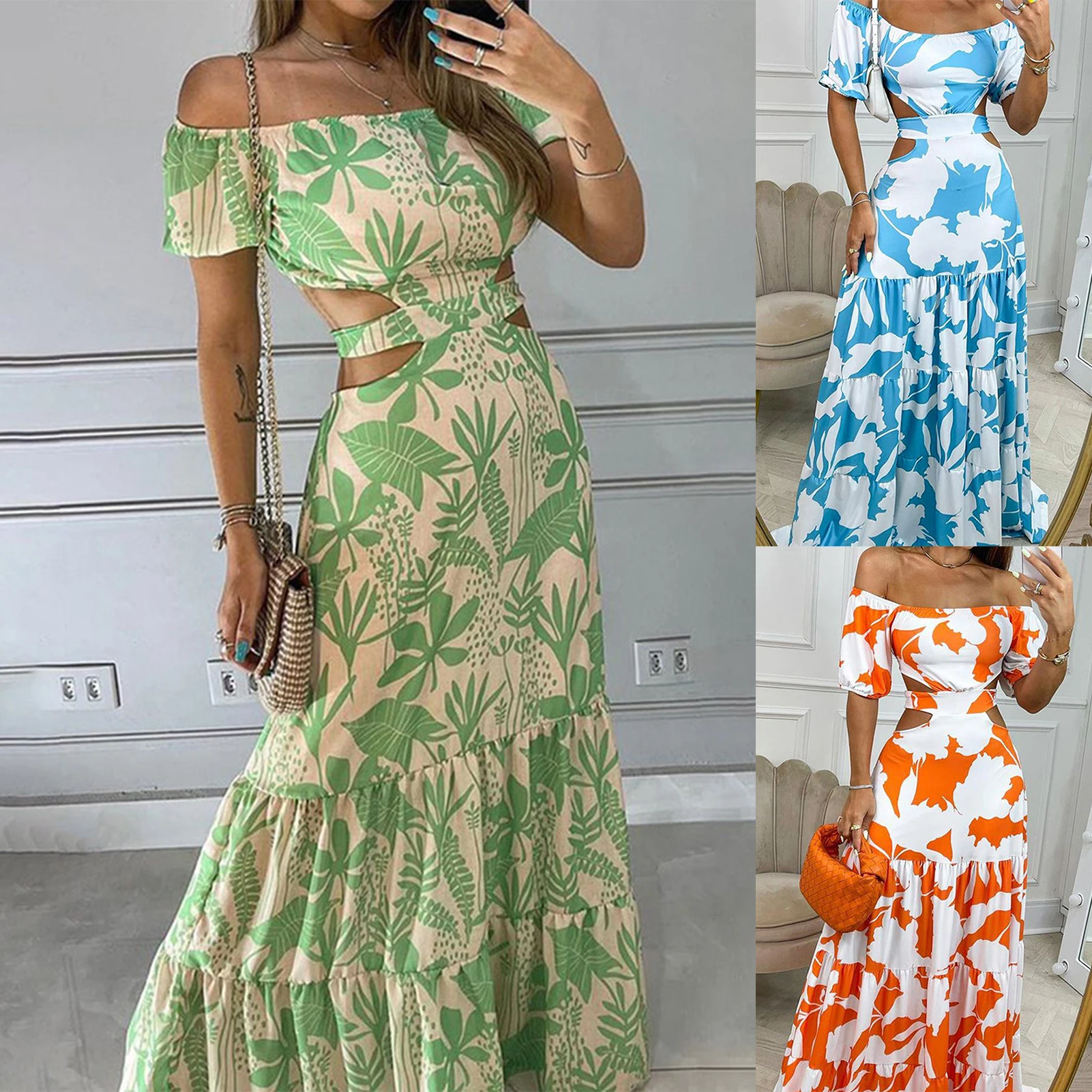 Women Off Shoulder Dress Temperament Print Elegant Dresses Lace-up Short Sleeve Large Swing Hollow Backless Holiday Dresses
Women Off Shoulder Dress Temperament Print Elegant Dresses Lace-up Short Sleeve Large Swing Hollow Backless Holiday Dresses