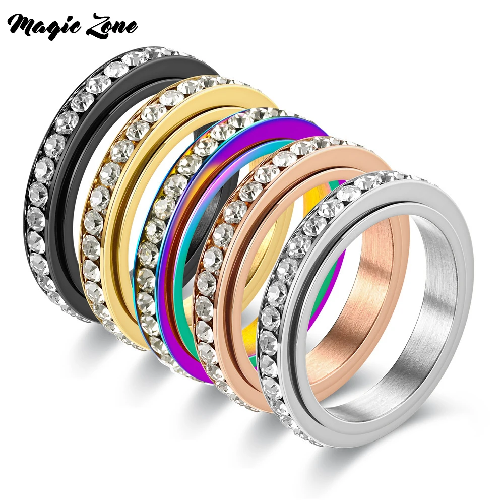 

Iced Out Bling CZ Cubic Zirconia Rings Stainless Steel Anxiety Fidget Spinner Rings for Women Men Anti Stress Jewelry