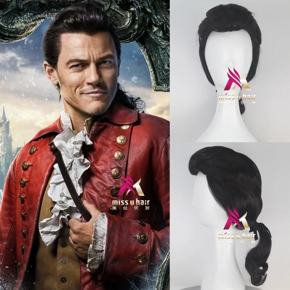 

new Beauty and the Beast Prince Gaston Wig Black Short Wig Cosplay Halloween Role Play Hair +wig cap