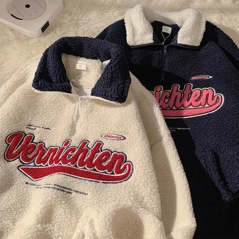 Vintage Zipper V-Neck Sweatshirt Women Harajuku Letter Embroidery Lapel Pollver Winter Warm Lambswool Oversized Sweatshirts Top
Vintage Zipper V-Neck Sweatshirt Women Harajuku Letter Embroidery Lapel Pollver Winter Warm Lambswool Oversized Sweatshirts Top