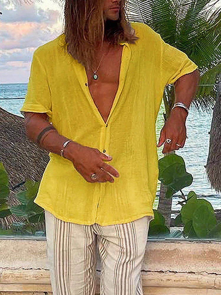 Casual Loose Cotton Linen Solid Shirts Mens Summer Short Sleeve Button Cardigan Tops Fashion Clothing Men Turn-down Collar Shirt
Casual Loose Cotton Linen Solid Shirts Mens Summer Short Sleeve Button Cardigan Tops Fashion Clothing Men Turn-down Collar Shirt