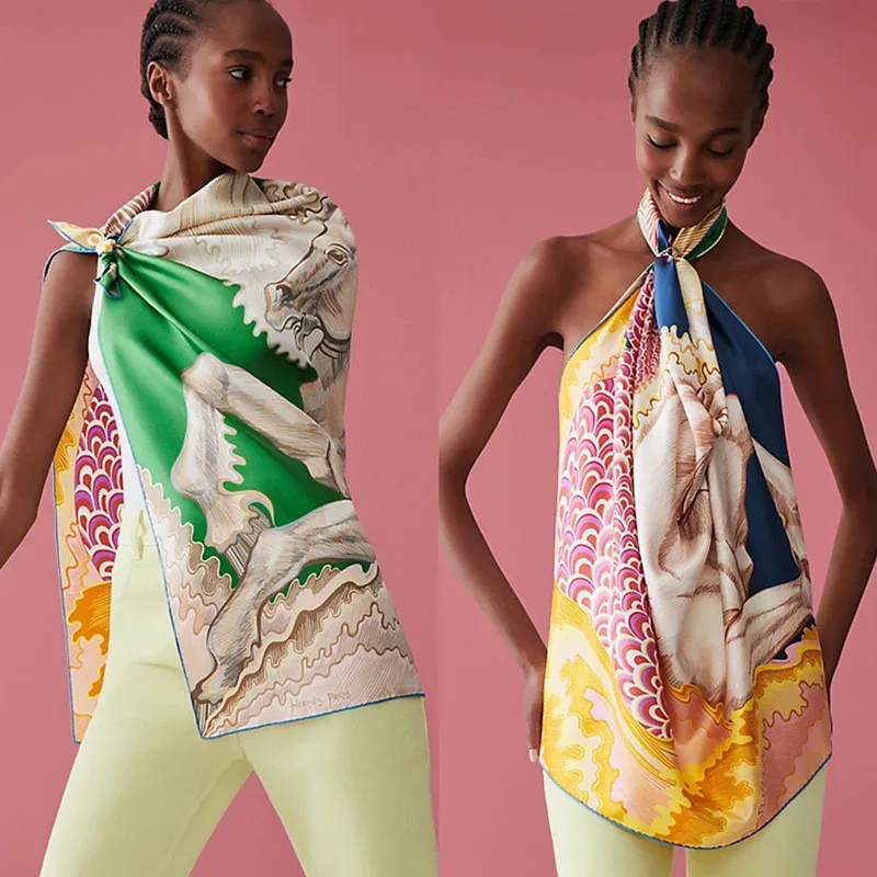 

Роскошные брендовые Дизайнерские шарфы H 90 см, Двусторонний Шелковый саржевый шарф с принтом, модная женская шаль, летний хиджаб, парео для женщин