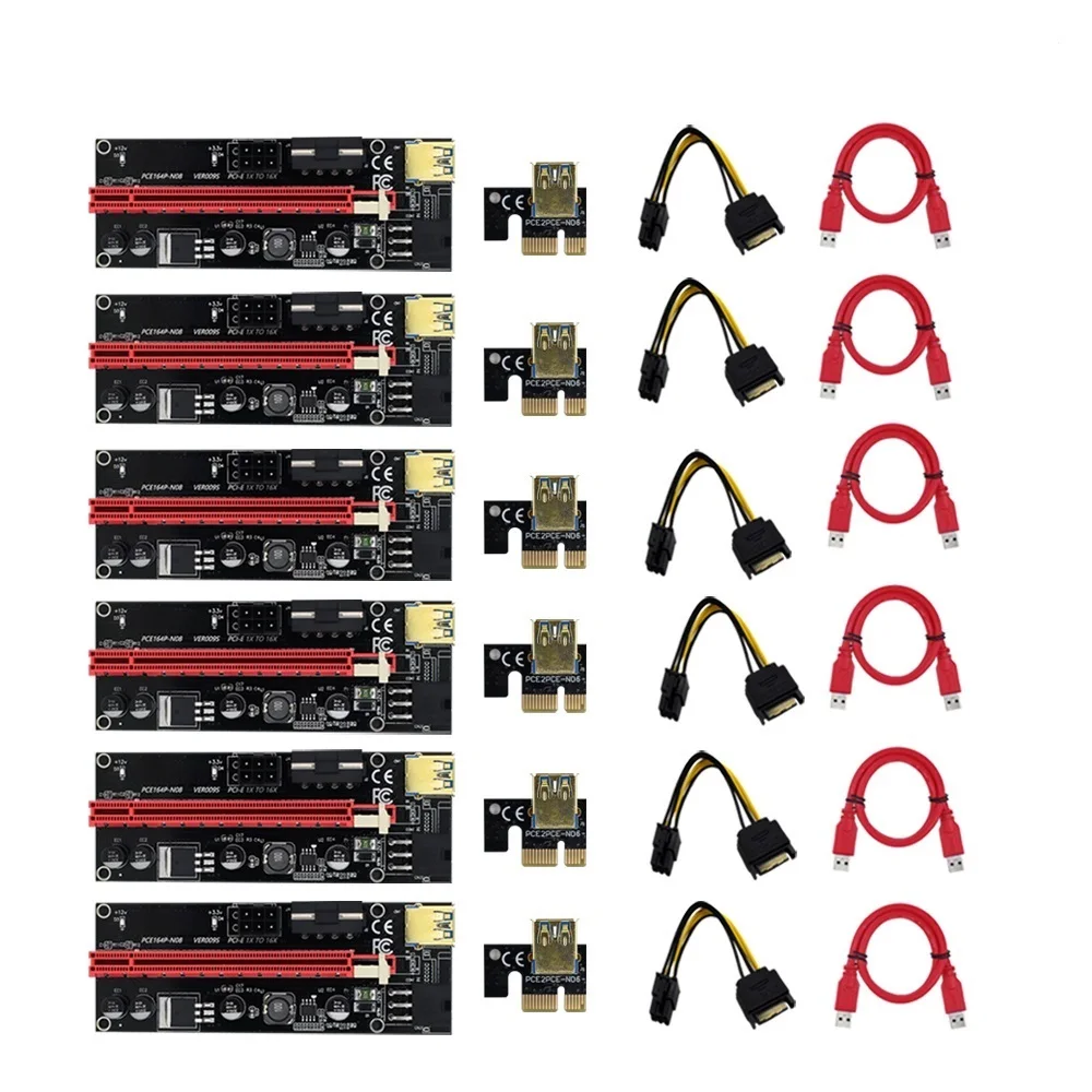 

6pcs gpu PCIE PCI-E Riser 009S card PCI E X16 PCI Express 6Pin to SATA 1X 16X USB3.0 Extender LED For Mining ETH BTC