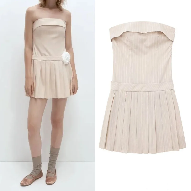 

TRAF Striped Strapless Short Dresses For Women 2023 Pink Mini Dress Summer Straight Neckline Female Dress Pleat Hem Party Dress