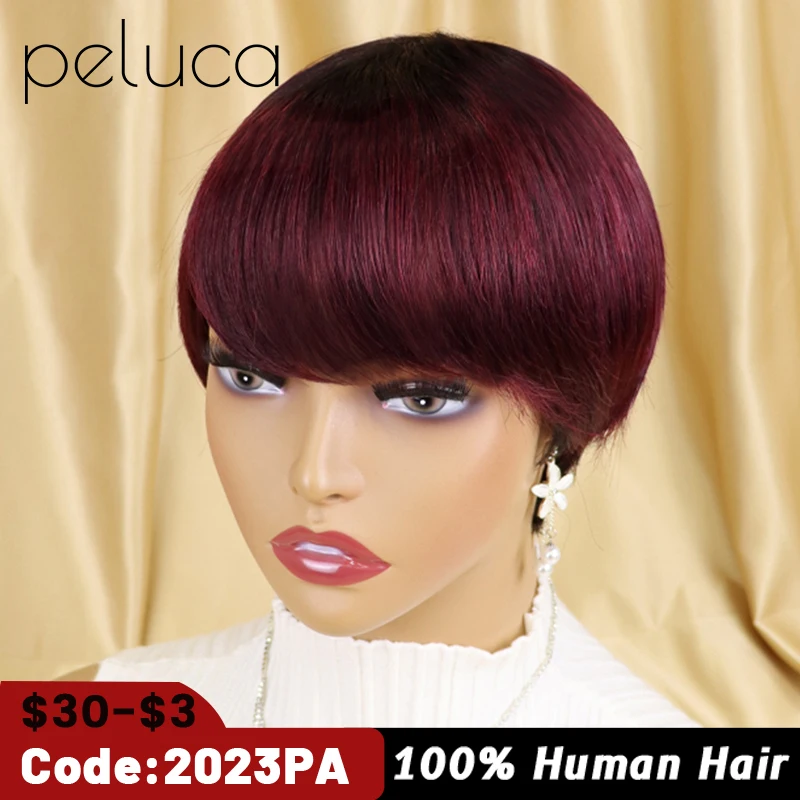 

Short Bob Straight Human Wigs With Bangs Brazilian Virgin Hair Pixie Cut Wig Cheap Human Hair Wig For Black Women Burgundy Ombre