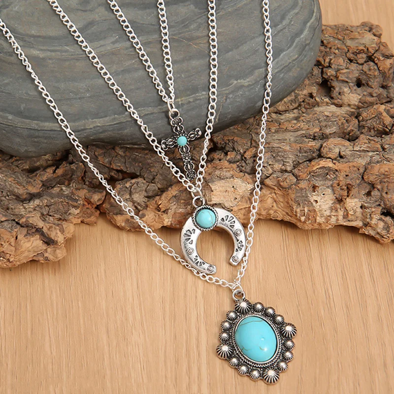 

Multilayer Hip Hop Moon Round Turquoise Chain Necklace For Women Men Jewelry Gifts Pendant Necklace Accessories