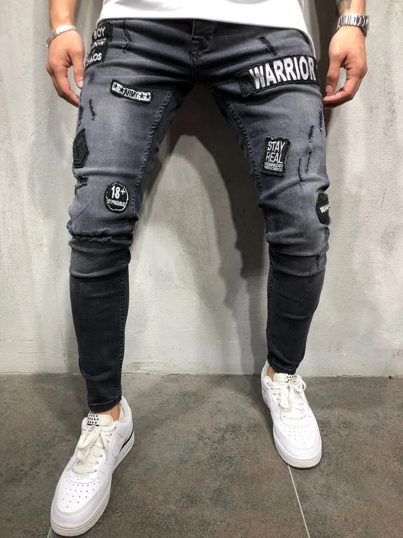 

Джинсы мужские рваные в стиле пэчворк, Модные узкие брюки из денима, рваные джинсовые штаны в стиле хип-хоп, осень 2023