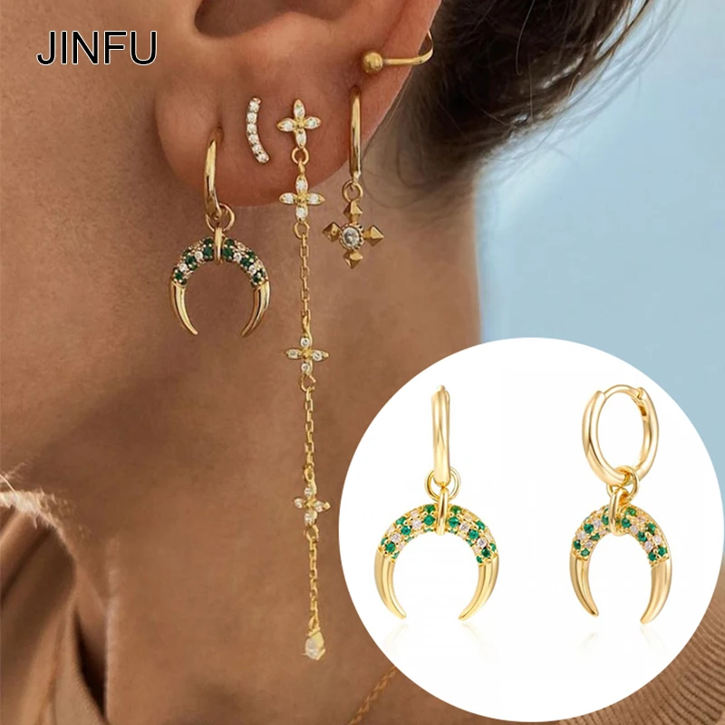 

JINFU Copper Gold Plated Moon Dangle Earrings For Women Green CZ Zircon Piercing Women's Drop Earrings 2022 Jewelry Wholesale