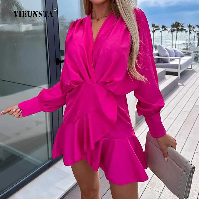 Ladies Irregular Ruffle Party Dresses Spring Solid Long Sleeve Stitching Ruched Dress Women New Folds V-Neck Commute Mini Dress
Ladies Irregular Ruffle Party Dresses Spring Solid Long Sleeve Stitching Ruched Dress Women New Folds V-Neck Commute Mini Dress