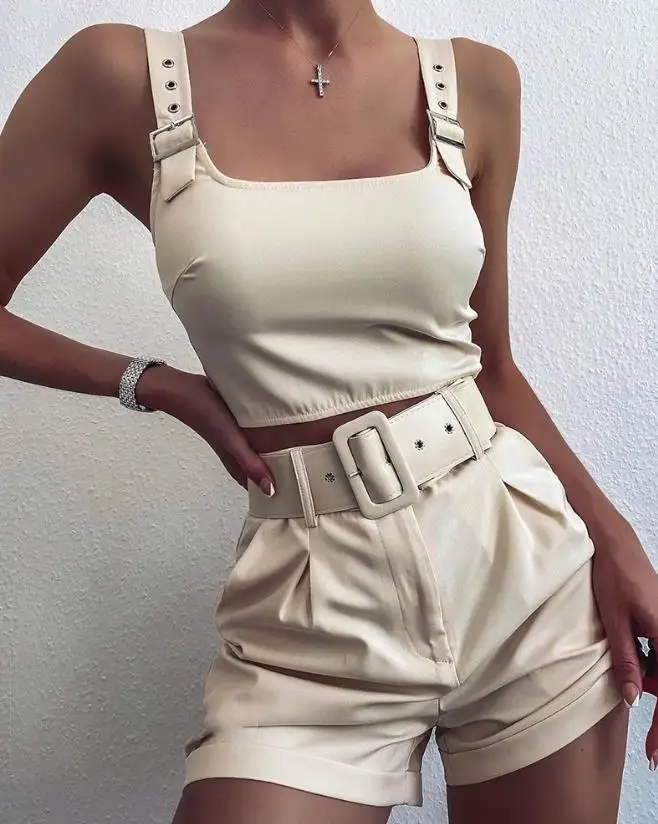Fashion Two Piece Set Elegant Commuter Loose Eyelet Buckled Crop Tank Top&shorts Set Summer Outfits for Women 2023 Y2K
Fashion Two Piece Set Elegant Commuter Loose Eyelet Buckled Crop Tank Top&shorts Set Summer Outfits for Women 2023 Y2K