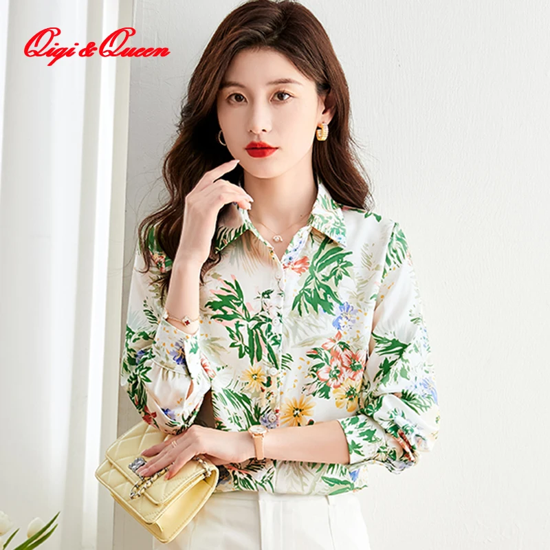 

Qiqi&queen Fashion Flower Print Ladies Shirts Elegant Women's Blouses 2023 Spring Autumn Long Sleeve Shirts Chiffon Tops Blusas