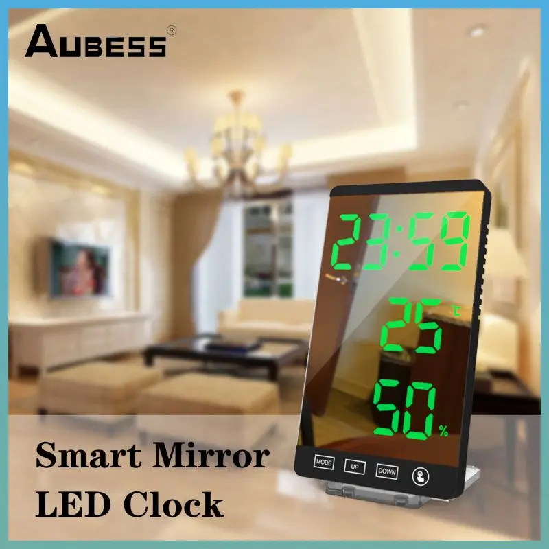 

Muti Function Led Time Temperature Humidity Display Touch Control Fashion Table Clock Detachable 6inch Mirror Led Alarm Clock