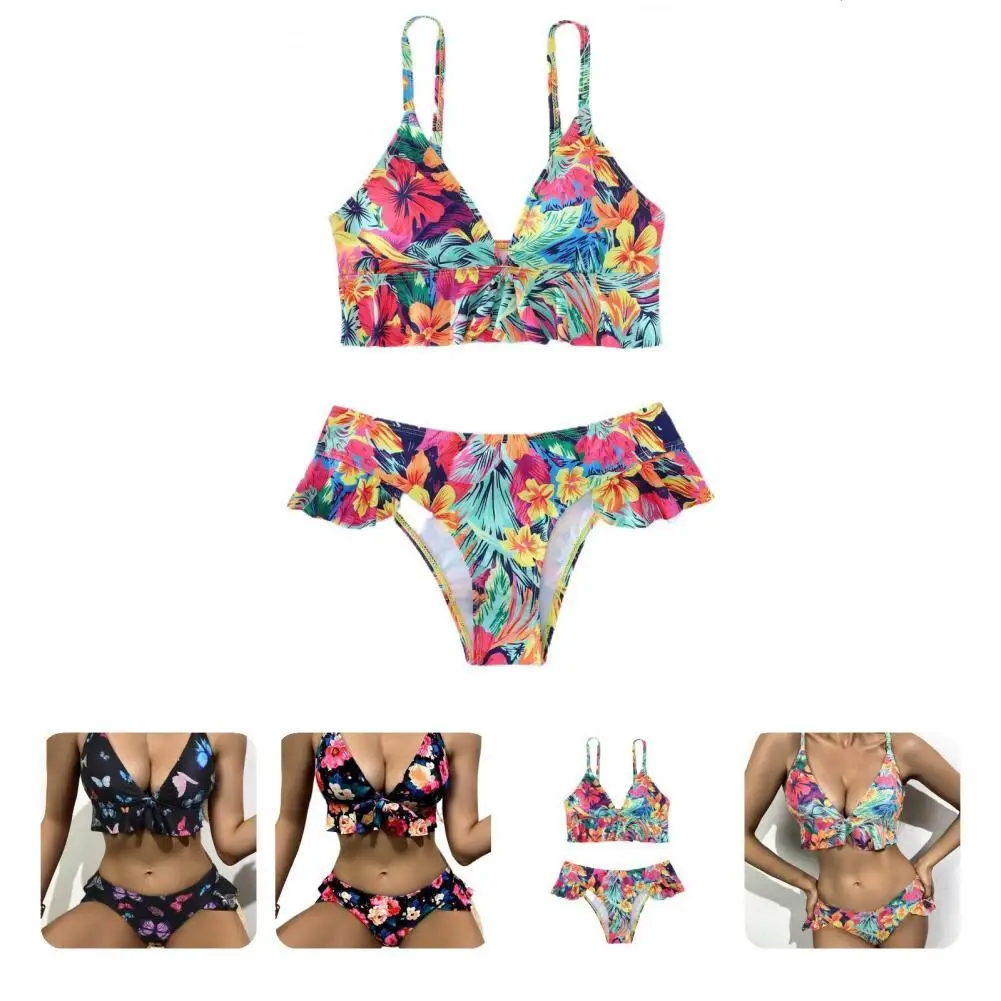 

2 Pcs/Set Chic Bikini Set Adjustable Deep V Neck Swimming Bikini Flounce Edge Swimwear Set