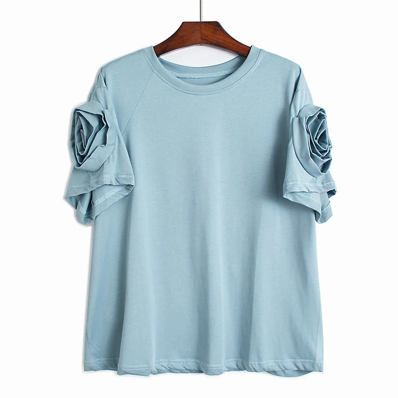 220209 Women Blue Three-dimensional Flower Casual T-shirt New Round Neck Short Sleeve Loose Simple Design Fashion Tide Summer 
220209 Women Blue Three-dimensional Flower Casual T-shirt New Round Neck Short Sleeve Loose Simple Design Fashion Tide Summer