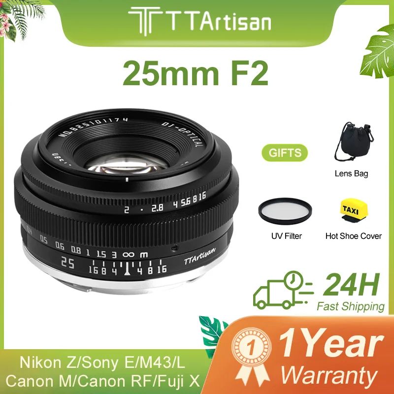

TTArtisan 25mm F2 APS-C Manual Prime Lens for Sony E a6300 a6400 a7ii a7c Fuji XT30 XT4 XS10 Nikon Zfc Canon EOSM m50 EOSR M43 L