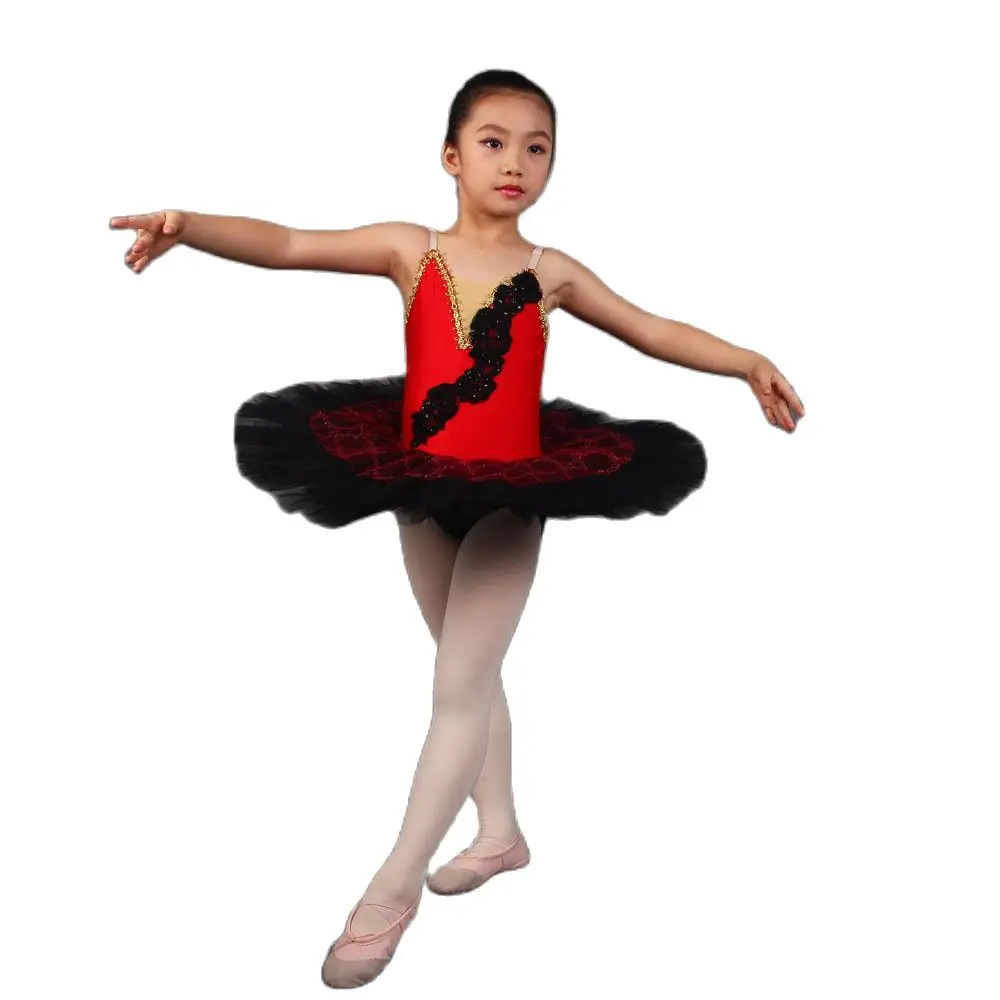 

PLL002 Red Spandex Bodice with Black Pleated Tulle Pancake Tutu Skirt Girls Pre-Professional Ballet Dance Tutus Show Costumes