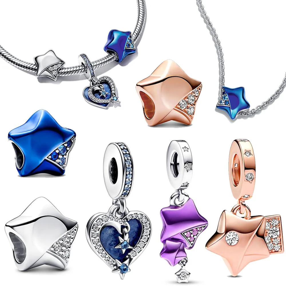 

2023 New 925 Sterling Silver Blue Celestial Shooting Star Heart Double Dangle Charm fit Original Pandora Bracelet & Necklace