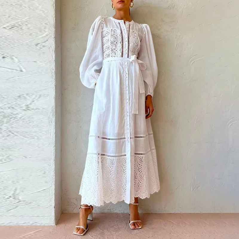 Elegant Embroidery Maxi Dress Women Hollow Out Button Down White Black High Waist Belt French Long Dress
Elegant Embroidery Maxi Dress Women Hollow Out Button Down White Black High Waist Belt French Long Dress