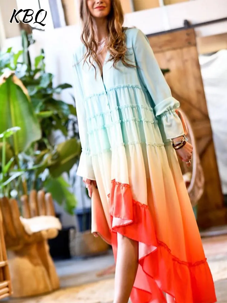 

KBQ-Ombre Printing Dresses for Women, V Neck, Flare Sleeve, High Waist, Colorblock, Irregular Hem, Long, Female Fashion Clothing