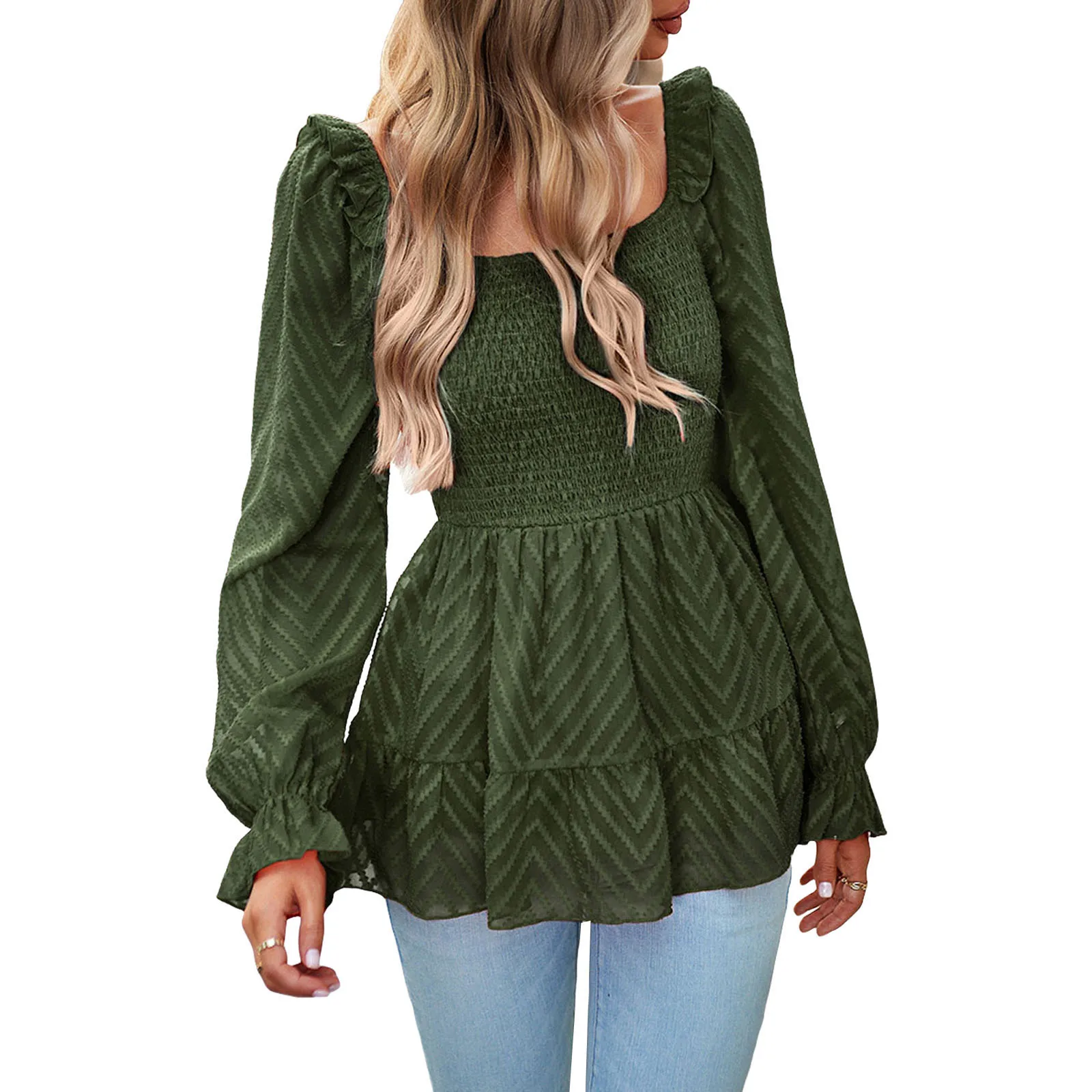 

Sexy Ruffle Long Sleeve T Shirts Women Scoop Neck Smocked Textured Tops Fashion New Female Solid Color Peplum Blouses Streetwear