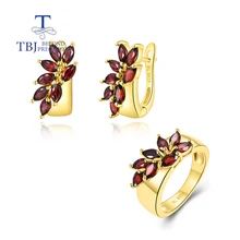 Fresh bamboo leaf shape design RED garnet natural gems with 925 sterling silver ring earrings set fine jewelry for women gift